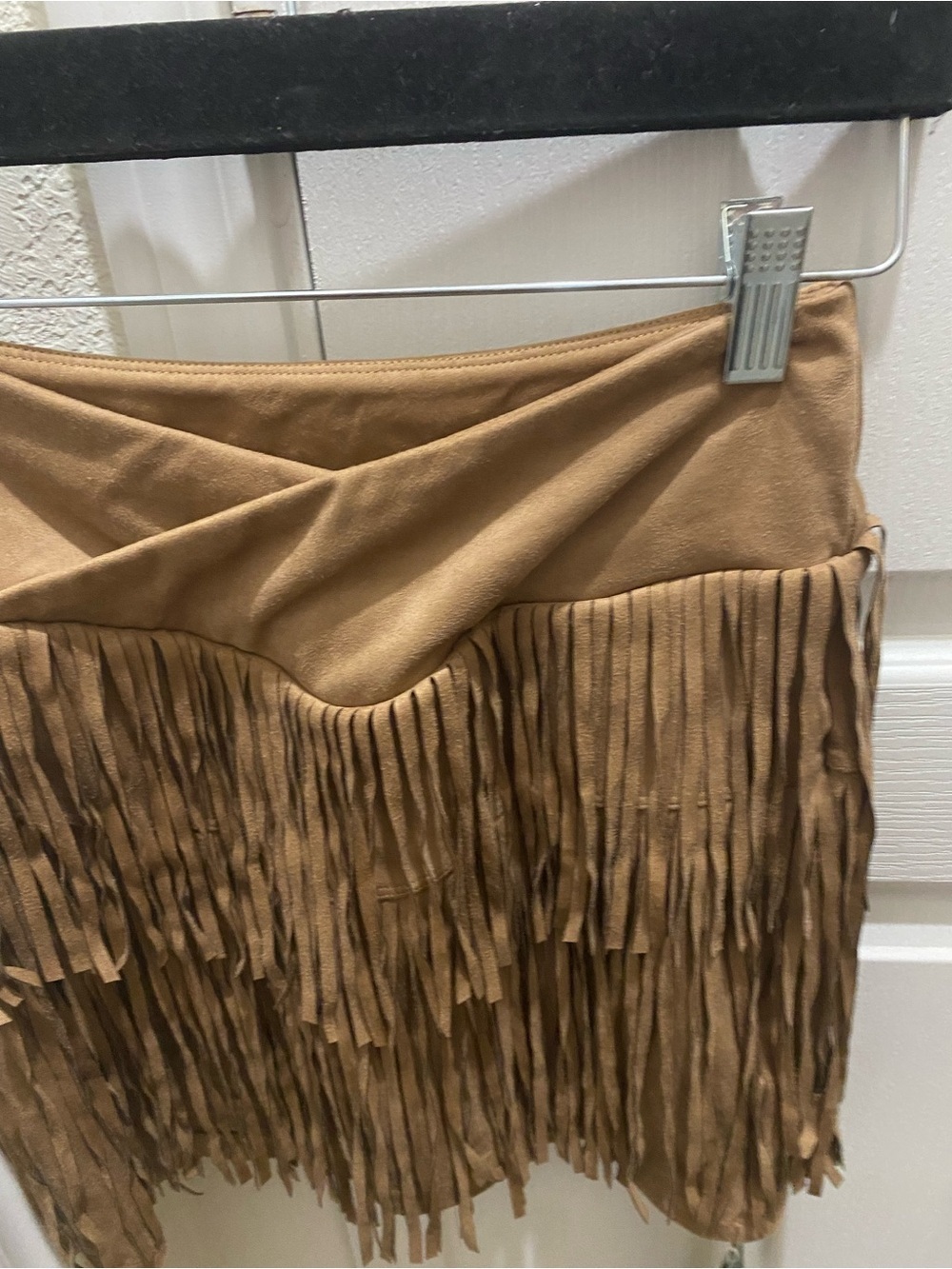 HALARA Crossover High Waisted 2-in-1 Fringe Hem Bodycon Mini Skirt Taupe XS - Picture 6 of 11